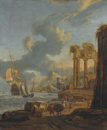 A Mediterranean Harbour Scene With Travellers On The Shore, A Dutch Man-Of-War On The Left