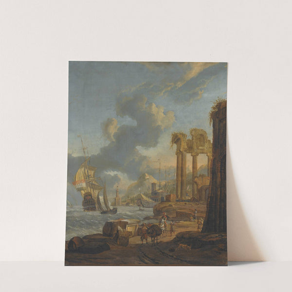 A Mediterranean Harbour Scene With Travellers On The Shore, A Dutch Man-Of-War On The Left by Abraham Storck