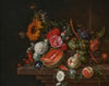A melon, peaches, grapes, medlars, sunflowers, roses, peonies and other flowers with butterflies and other insects on a stone ledge