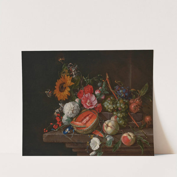 A melon, peaches, grapes, medlars, sunflowers, roses, peonies and other flowers with butterflies and other insects on a stone ledge by Cornelis de Heem