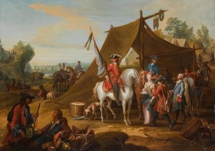 A Military Encampment, Depicting The Household Cavalry Of The duke of Savoy (1744-1745) With A Standard Bearer And Horses By A Tent
