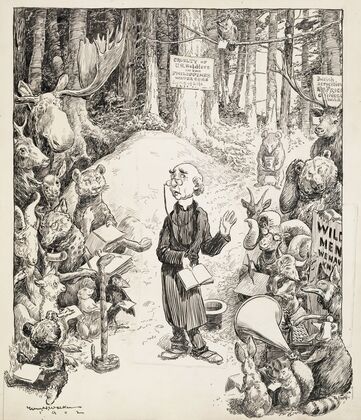 A minister preaches in the forrest to a group of animals, most of them taking notes (1902) — size preview