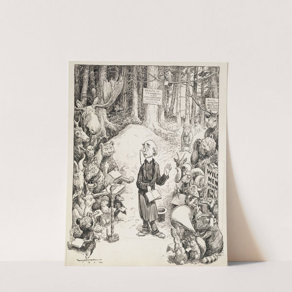 A minister preaches in the forrest to a group of animals, most of them taking notes (1902) by William Henry Walker