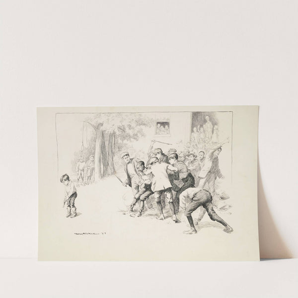 A mob of school children attack a black boy in their school yard and prepare to lynch him, with their teacher watching in the background (1897) by William Henry Walker