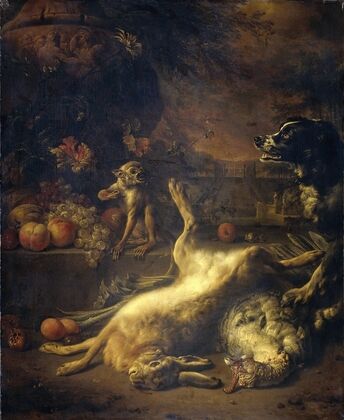 A Monkey and a Dog with Dead Game and Fruit (1704)