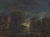 A moonlit landscape, with an inn beside a river