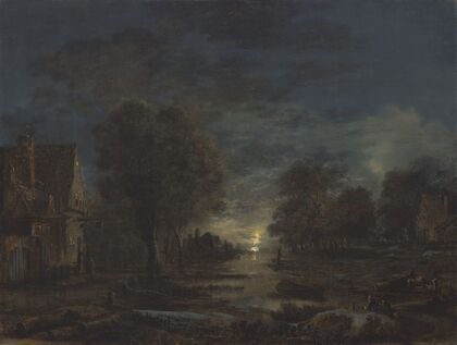 A moonlit landscape, with an inn beside a river