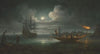 A moonlit Mediterranean harbour with fishermen pulling in their catch, a full-rigged pinnace and other shipping beyond