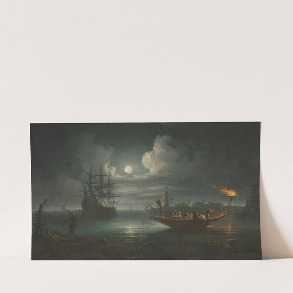 A moonlit Mediterranean harbour with fishermen pulling in their catch, a full-rigged pinnace and other shipping beyond by Francesco Fidanza