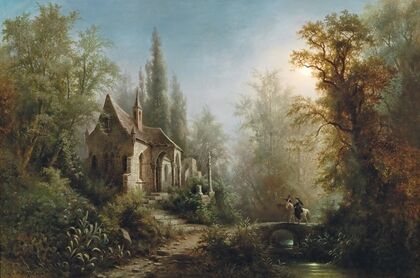 A Moonlit Night Over A Chapel And Riders