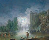 A moonlit river landscape with fishermen working by torchlight, the Temple of Vesta in the right background