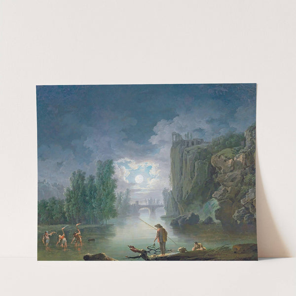 A moonlit river landscape with fishermen working by torchlight, the Temple of Vesta in the right background by Francesco Fidanza