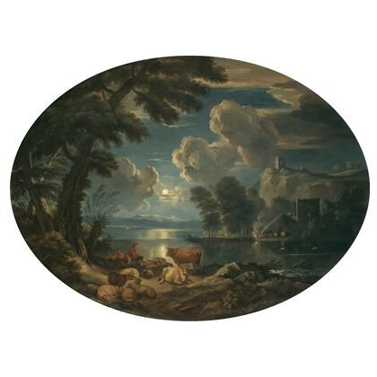A Moonlit Scene With A Shepherd And Shepherdess Resting With Their Herd Beside A Lake — size preview