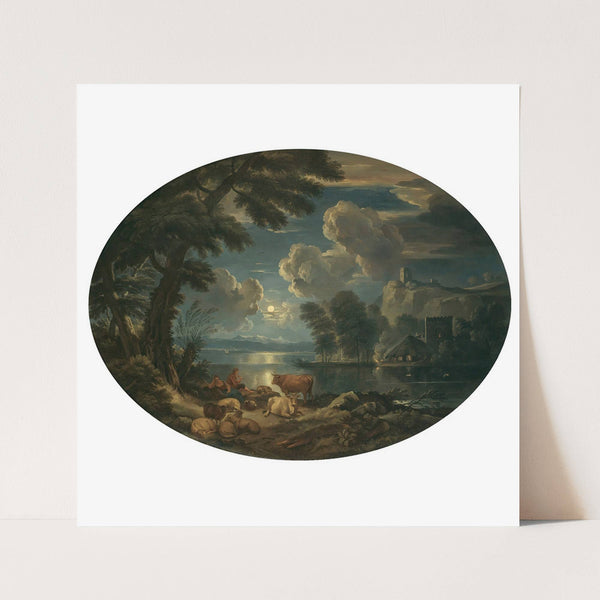 A Moonlit Scene With A Shepherd And Shepherdess Resting With Their Herd Beside A Lake by Pieter Mulier the Younger