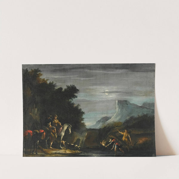 A Moonlit Scene With Travellers Crossing A Stream by Emilian School