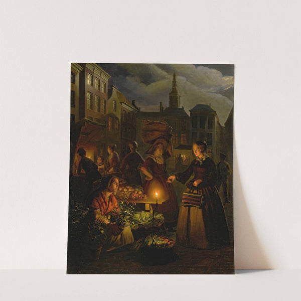 A moonlit vegetable market on de Grote Markt, The Hague by Petrus van Schendel
