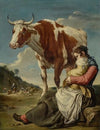 A Mother And Her Child Milking A Cow In A Landscape, A Group Of Peasants And Animals Beyond