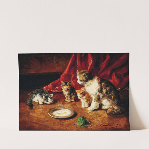 A mother cat with kittens in front of a milk bowl by Arthur-Alfred Brunel de Neuville