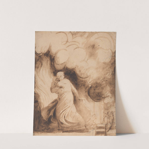 A Mother with Her Child in Her Arms Flying upon the Ramparts of a City in Flames by George Romney