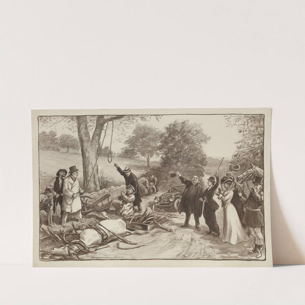 A motorist pleads for his life as a crowd prepares to lynch him for causing an accident with a horse and wagon, killing a woman. (1902) by William Henry Walker