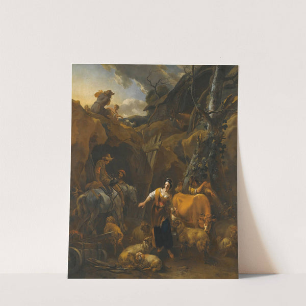 A mountainous italianate landscape with milkmaids and other figures by Nicolaes Pietersz. Berchem