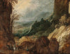 A mountainous landscape with travellers