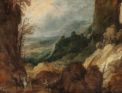 A mountainous landscape with travellers