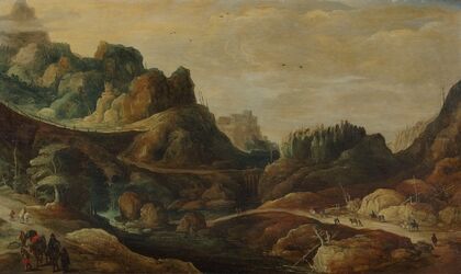 A mountainous landscape with travellers on paths along a riverbank