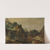 A mountainous landscape with travellers on paths along a riverbank by Joos de Momper