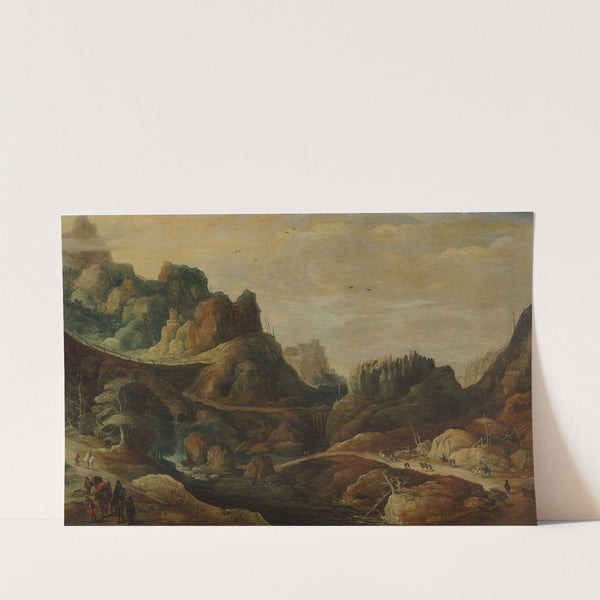 A mountainous landscape with travellers on paths along a riverbank by Joos de Momper