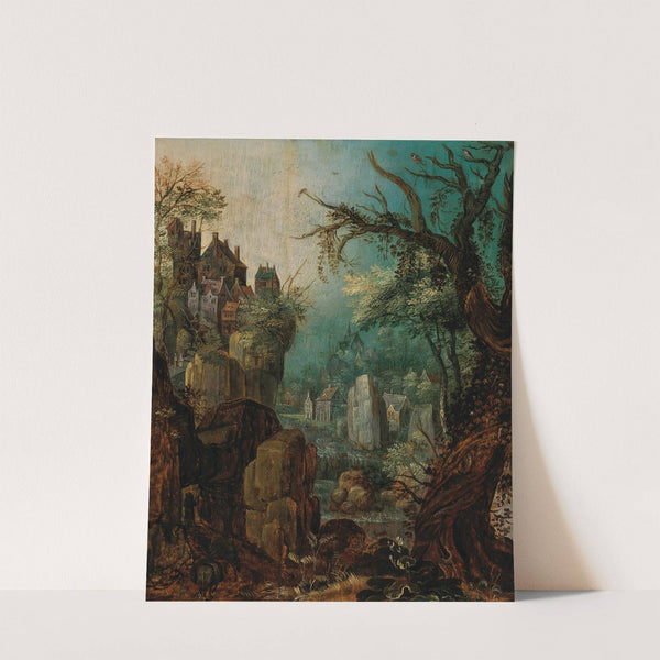 A mountainous river landscape with a peasant leading two donkeys, a village beyond by Roelant Savery