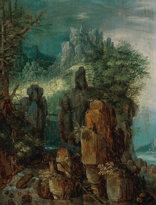A mountainous river landscape with figures and goats, a village beyond