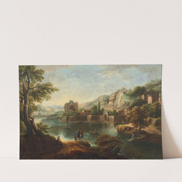 A mountainous river landscape with fishing boats and anglers, Roman ruins beyond by Paolo Anesi