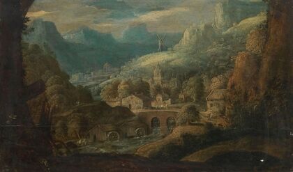 A mountainous river landscape, with water mills and a village beyond