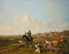 A mounted gamekeeper questions the cattle herders on their being found with a sporting dog
