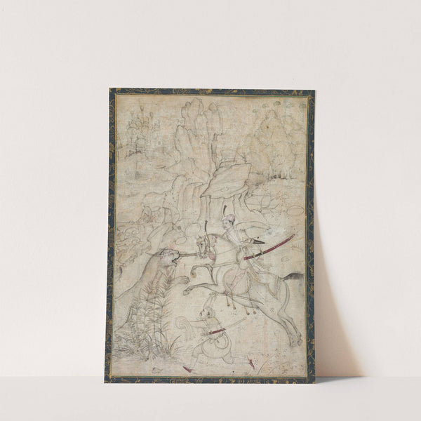 A Mounted Prince Hunting Lion in a Rocky Landscape (c. 1600) by Khem Karan