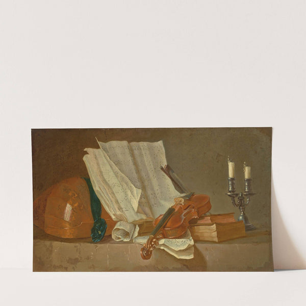 A musical score on a reading stand, a violin and a bow, a lute, a candlestick and books on a ledge by Henri-Horace Roland De La Porte