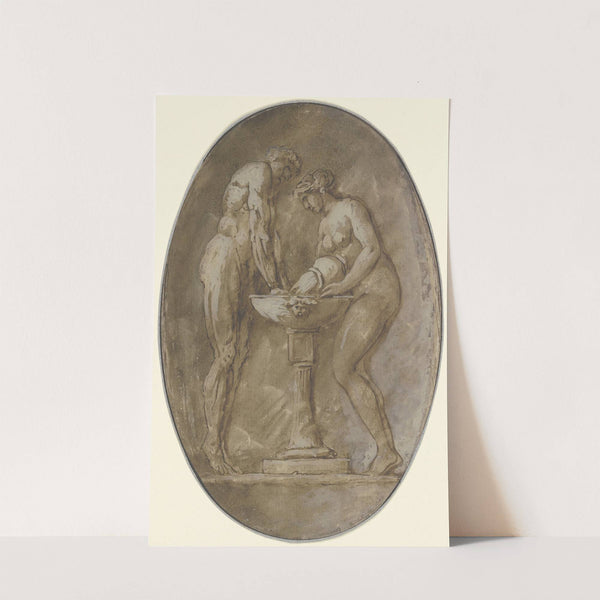 A naked man, standing on tiptoes, holds his hands in a basin into which a naked woman standing opposite the man is pouring water by Etienne Vallée