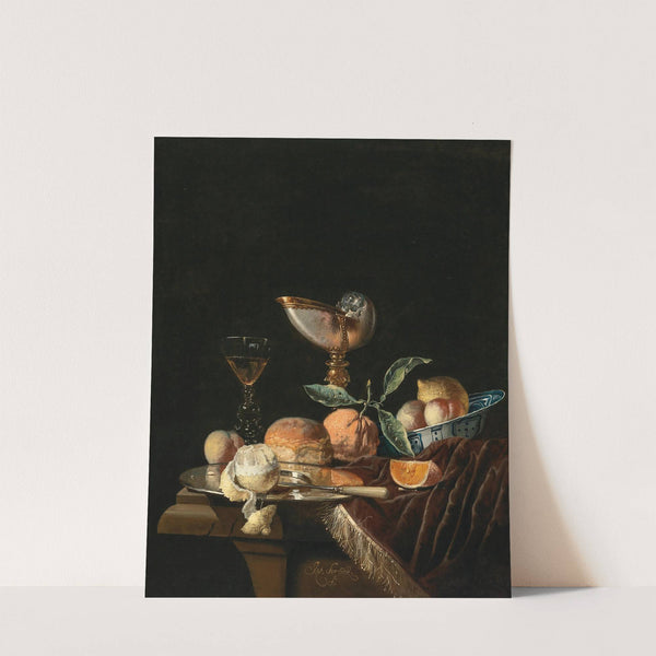 A Nautilus cup, a Wan-Li Kraak porcelain bowl with mixed fruit, a silver salver and a glass of wine on a stone table with a velvet cover by Juriaen van Streeck