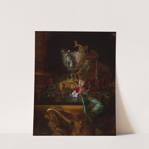 A nautilus cup on a carved stand with a floral still life by Blaise-Alexandre Desgoffe