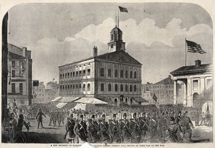 A New Regiment of Massachusetts Volunteers passing Faneuil Hall, Boston, on their way to War (c. 1861)