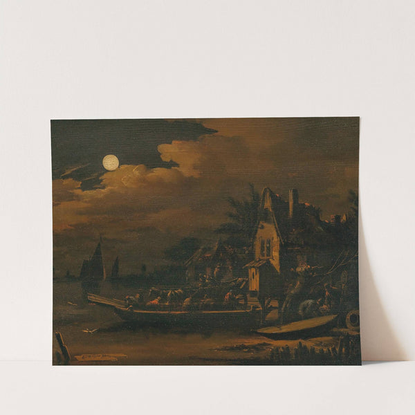 A nocturnal river landscape with a ferry boat by Egbert van der Poel