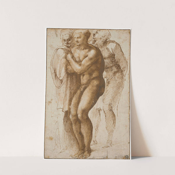 A nude man (after Masaccio) and two figures behind him by Michelangelo