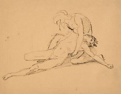 A nude man mourning the death of another