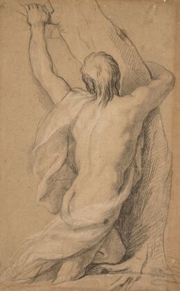 A nude study of man seen from the back, clasping to a tree
