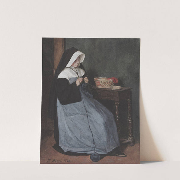 A Nun Seated at a Table Knitting (1862) by François Bonvin