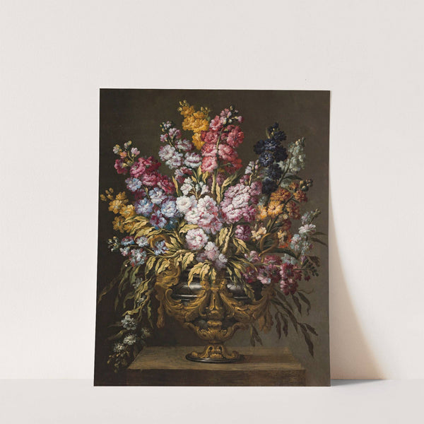 A Pair Of Still Lifes Of Flowers In Elaborate Gilt Urns, Each On A Stone Pedestal by Gabriel de la Corte
