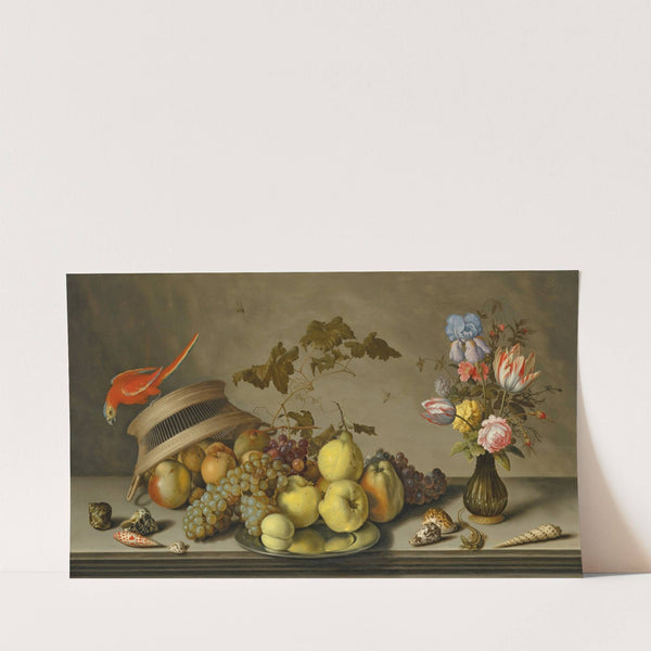 A parakeet on an upturned basket, with fruit, a pewter plate and shells on a stone ledge by Balthasar van der Ast