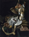 A Partridge, A Pheasant, A Hunting Bag And Traps On A Partially Draped Ledge, Songbirds, A Hunting Horn And Hawking Hoods Hanging Above