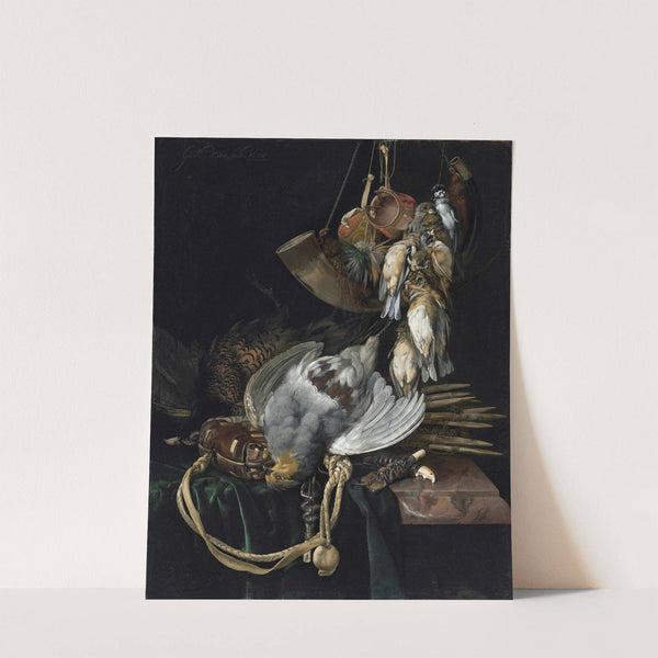A Partridge, A Pheasant, A Hunting Bag And Traps On A Partially Draped Ledge, Songbirds, A Hunting Horn And Hawking Hoods Hanging Above by Willem van Aelst